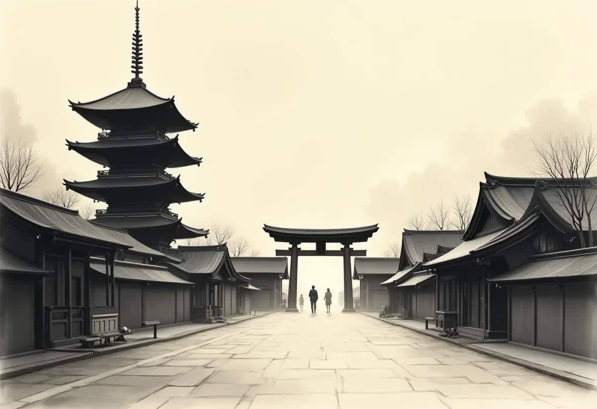Sumi-e ink-wash illustration of a Kyoto temple gate and pagoda at dawn with a few small figures, evoking the quiet hours before the crowds arrive