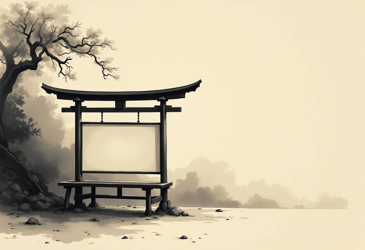 Sumi-e ink-wash illustration of a traditional wooden kamishibai picture-story frame with sliding panels, evoking the 'paper-slide show' criticism of the animation